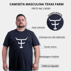 Camiseta Masculina Texas Farm Preta Plus Size Manga Curta Com Logo em Off White Ref.CM259