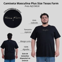 Camiseta Masculina Texas Farm Preta Plus Size Manga Curta Preto Com Logo Escrito Em Branco Ref:CM630