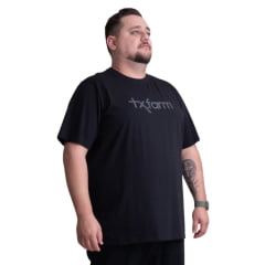Camiseta Masculina Texas Farm Preta Plus Size Manga Curta Preto Com Logo Estampado Cinza Escuro Ref: CM258
