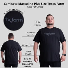 Camiseta Masculina Texas Farm Preta Plus Size Manga Curta Preto Com Logo Estampado Cinza Escuro Ref: CM258