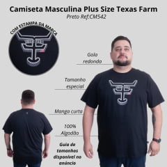 Camiseta Masculina Texas Farm Preta Plus Size Manga Curta Preto Com Logo Estampado Preto Azul E Branco Ref:CM542
