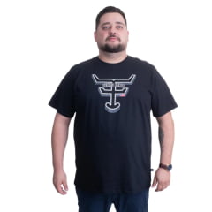 Camiseta Masculina Texas Farm Preta Plus Size Manga Curta Preto Com Logo Estampado Preto Azul E Branco Ref:CM542