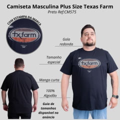 Camiseta Masculina Texas Farm Preta Plus Size Manga Curta Preto Com Logo Estampado Preto/Laranja E Creme Ref:CM575