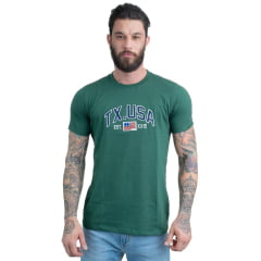 Camiseta Masculina Texas Farm Verde Bandeira Manga Curta Com Logo Aplicada USA Ref:CM552