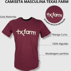 Camiseta Masculina Texas Farm Vermelho Manga Curta Vermelho Vinho Com Logo Estampado Branco.CM258