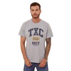 Camiseta Masculina TXC Cinza Mescla Manga Curta Com Logo Em Azul Ref.192154