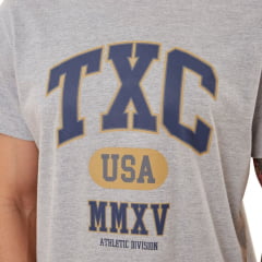 Camiseta Masculina TXC Cinza Mescla Manga Curta Com Logo Em Azul Ref.192154