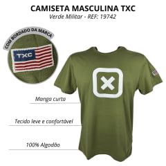 Camiseta Masculina TXC Custom Manga Curta Verde Militar Estampado Branco REF: 19742