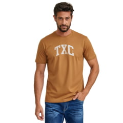 Camiseta Masculina TXC Regular Classic Meia Malha Marrom Claro Logo Branco Ref:19737 Camiseta Masculina TXC Regular Classic Meia Malha Marrom Claro Logo Branco Ref:19737