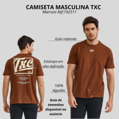 Camiseta Masculina TXC Manga Curta Regular Meia Malha Marrom Estampada Logo Frente E Costas Em Creme Ref:192511