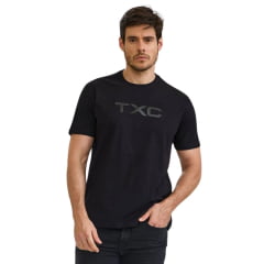 Camiseta Masculina TXC Manga Curta Regular Meia Malha Preto Estampado Logo Em Couro Preto Ref:192410