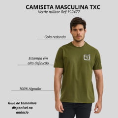 Camiseta Masculina TXC Manga Curta Regular Meia Malha Verde Militar Estampada Logo Branco Manchado Ref:192477