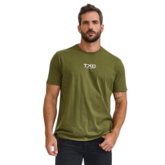 Camiseta Masculina TXC Manga Curta Regular Meia Malha Verde Militar Estampada Logo Frente E Costas Em Creme Ref:192478