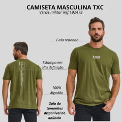 Camiseta Masculina TXC Manga Curta Regular Meia Malha Verde Militar Estampada Logo Frente E Costas Em Creme Ref:192478