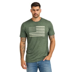 Camiseta Masculina TXC Manga Curta Vintage Verde Militar Estampada Bandeira Em Bege Ref:192776 Camiseta Masculina TXC Manga Curta Vintage Verde Militar Estampada Bandeira Em Bege Ref:192776