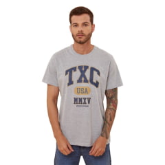 Camiseta Masculina TXC Plus Size Cinza Mescla Manga Curta Com Logo Em Azul Ref.192154 P