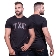 Camiseta Masculina TXC Preta Custom Regular Manga Curta Com Logo Em Couro Ref.192406