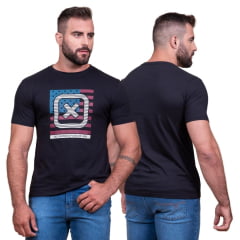 Camiseta Masculina TXC Preta Regular Custom Manga Curta Com Logo Grande Bandeira EUA Ref.192176