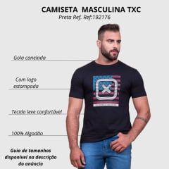 Camiseta Masculina TXC Preta Regular Custom Manga Curta Com Logo Grande Bandeira EUA Ref.192176