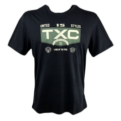 Camiseta Masculina TXC Preta Regular Custom Manga Curta Com Logo Grande Bege Fundo Verde Ref.192186