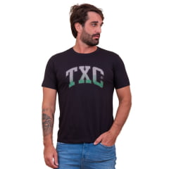 Camiseta Masculina TXC Preta Regular Custom Manga Curta Com Logo Grande Em Cinza/Verde Ref.192178