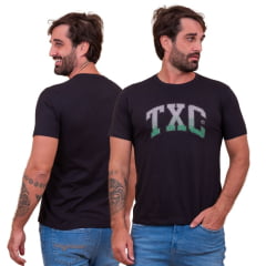 Camiseta Masculina TXC Preta Regular Custom Manga Curta Com Logo Grande Em Cinza/Verde Ref.192178