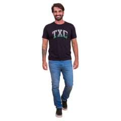 Camiseta Masculina TXC Preta Regular Custom Manga Curta Com Logo Grande Em Cinza/Verde Ref.192178