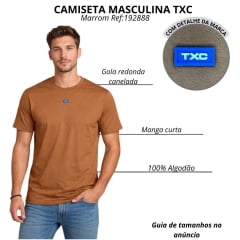 Camiseta Masculina TXC Regular Manga Curta Marrom Escuro Com Logo Pequeno Azul E Branco Ref:192888