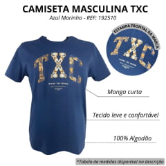Camiseta Masculina TXC Regular Meia Malha Manga Curta Azul Marinho Estampada Logo Laranja Marrom E Bege REF: 192510