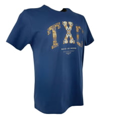 Camiseta Masculina TXC Regular Meia Malha Manga Curta Azul Marinho Estampada Logo Laranja Marrom E Bege REF: 192510
