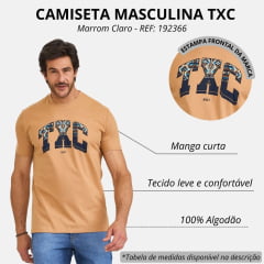 Camiseta Masculina TXC Regular Meia Malha Penteada Manga Curta Caramelo Logo Estampado Preto Fundo Colorido REF: 192366