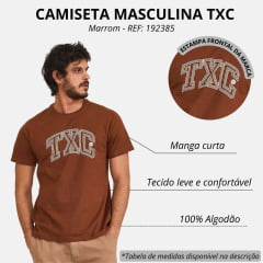 Camiseta Masculina TXC Regular Meia Malha Penteada Manga Curta Marrom Com Logo Estampado Em Relevo Cru REF: 192385