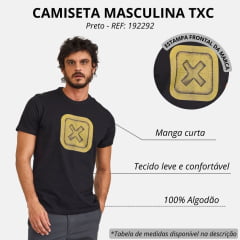 Camiseta Masculina TXC Regular Meia Malha Penteada Manga Curta Preta Com Logo Estampada Em Amarelo/Preto REF: 192292