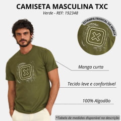 Camiseta Masculina TXC Regular Meia Malha Penteada Manga Curta Verde Militar Logo Estampado Verde Claro REF: 192348