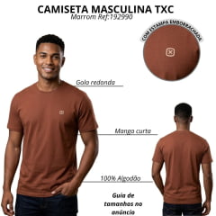 Camiseta Masculina TXC Regular Suedine Manga Curta Marrom Com Logo Estampado Bege Ref: 192990