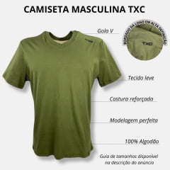 Camiseta Masculina TXC Verde Militar Classic Regular Manga Curta Decote V Com Logo Bordada em Preto Ref.192161