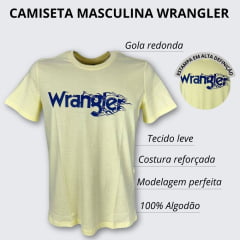 Camiseta Masculina Wrangler Básica Manga Curta Amarelo Com Logo Estampado em Azul Marinho Ref.WM5508AM