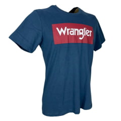 Camiseta Masculina Wrangler Básica Manga Curta Azul Jeans Com Logo Branco e Vermelho  Ref.WM5502AJ