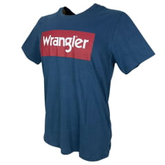 Camiseta Masculina Wrangler Básica Manga Curta Azul Jeans Com Logo Branco e Vermelho  Ref.WM5502AJ