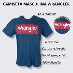 Camiseta Masculina Wrangler Básica Manga Curta Azul Jeans Com Logo Branco e Vermelho  Ref.WM5502AJ