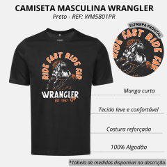 Camiseta Masculina Wrangler Preta Cowboy Style Com Desenho De Cavalo REF: WM5801PR