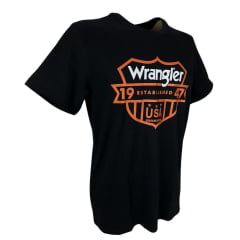 Camiseta Masculina Wrangler Urbano Manga Curta Preto Estampada em Laranja e Branco U.S.A Ref.WM5684PR