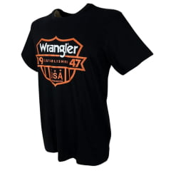 Camiseta Masculina Wrangler Urbano Manga Curta Preto Estampada em Laranja e Branco U.S.A Ref.WM5684PR