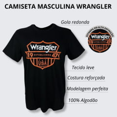 Camiseta Masculina Wrangler Urbano Manga Curta Preto Estampada em Laranja e Branco U.S.A Ref.WM5684PR