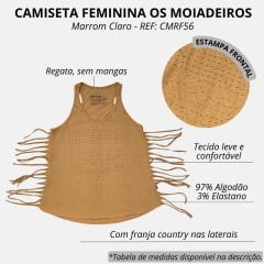 Camiseta Regata Feminina Os Moiadeiros Caramelo Com Franja Na Lateral E Desenho Em Pesponto REF: CMRF56