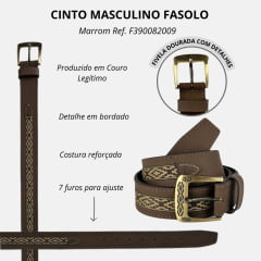 Cinto Masculino Fasolo Badana Social Marrom Choco C/ Bordado e Fivela Dourada, Kraft.Ref: F390082009