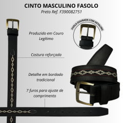 Cinto Masculino Fasolo Badana Social Preto Com Bordado E Fivela Dourada, Kraft - REF: F390082751