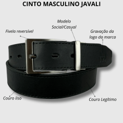 Cinto Masculino Javali Couro Anilina Preto/Marrom Com Fivela Prata Giratória Ref: JC242