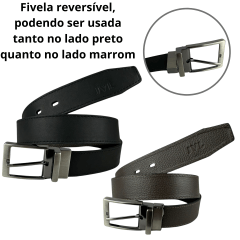 Cinto Masculino Javali Couro Anilina Preto/Marrom Com Fivela Prata Giratória Ref: JC242