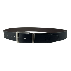Cinto Masculino Javali Couro Anilina Preto/Marrom Com Fivela Prata Giratória Ref: JC242